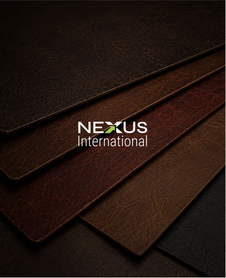 Nexus International logo over layered leather swatches
